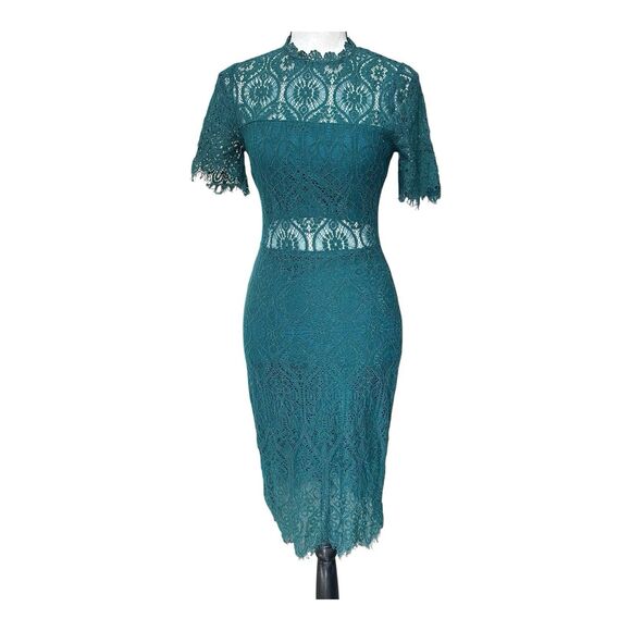 Lulus Green Lace Midi Dress XS High Neck Sheer Waist Cocktail Wedding Scalloped - Picture 1 of 6
